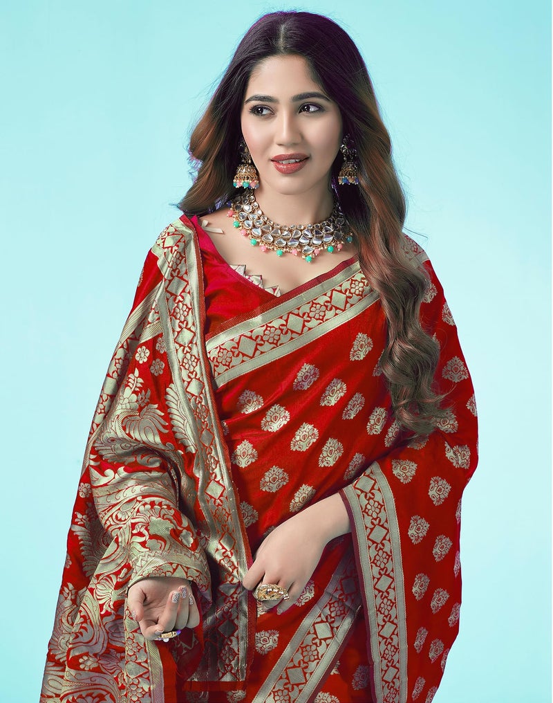 SIRIL Women's Kanjivaram Soft Silk Saree Pure Silk with Unstitched Blouse Piece (4049S458_Red) - Image 5