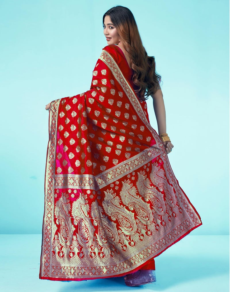 SIRIL Women's Kanjivaram Soft Silk Saree Pure Silk with Unstitched Blouse Piece (4049S458_Red) - Image 3