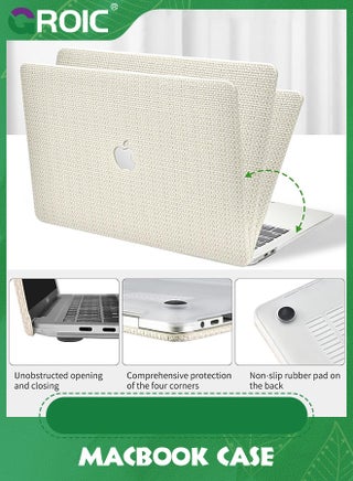 Compatible with MacBook Air 13 Inch Case 2022 2021 2020 2019 2018 Release A1932 A2179 M1 A2337 Touch ID, Elegant Leather ABS Hard Shell Case Transparent Keyboard Cover, Beige Woven Fabric - view 5