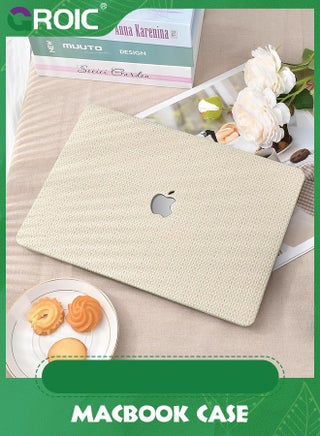 Compatible with MacBook Air 13 Inch Case 2022 2021 2020 2019 2018 Release A1932 A2179 M1 A2337 Touch ID, Elegant Leather ABS Hard Shell Case Transparent Keyboard Cover, Beige Woven Fabric - view 4