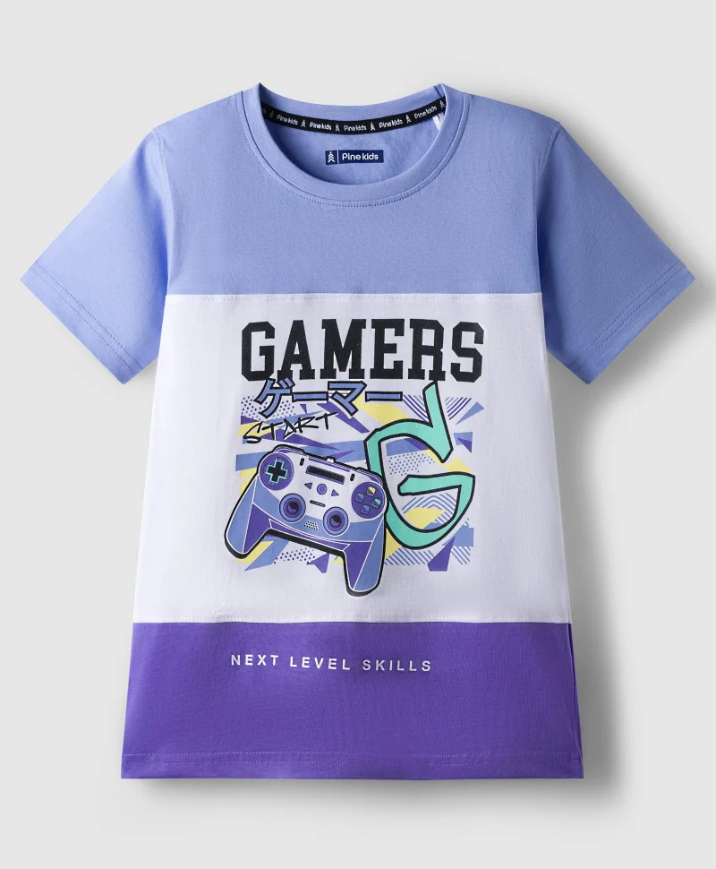 Pine Kids Pine Kids Cotton Knit Half Sleeves Cut & Sew T-Shirt With Gamers Text Print - White & Purple