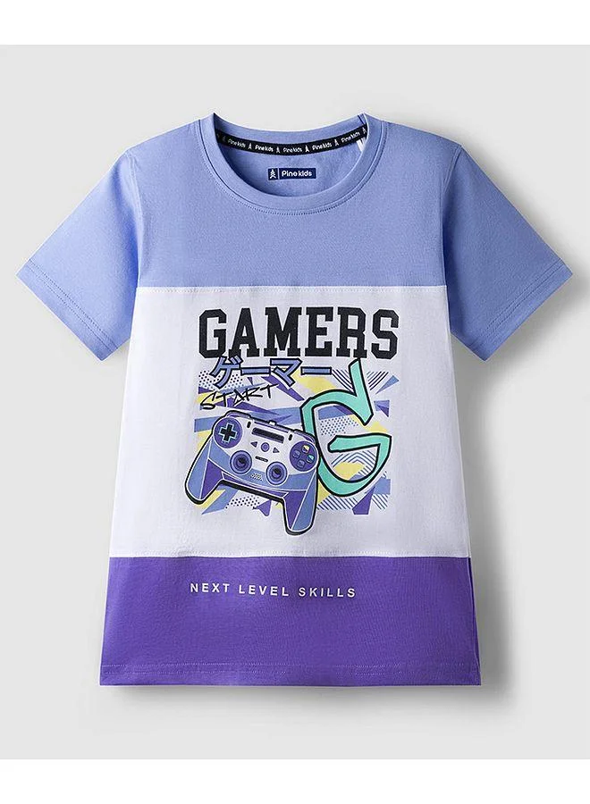 Pine Kids Pine Kids Cotton Knit Half Sleeves Cut & Sew T-Shirt With Gamers Text Print - White & Purple