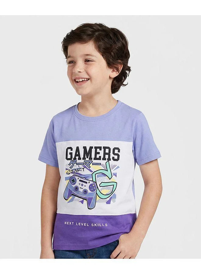 Pine Kids Pine Kids Cotton Knit Half Sleeves Cut & Sew T-Shirt With Gamers Text Print - White & Purple