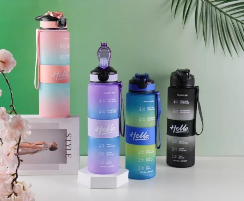 Sukee Motivational Water Bottle 1 litre Sipper Bottle For Adults With Time Measurement NonToxic Water bottle for officeWater bottle for gym Hello Black White - Image 2