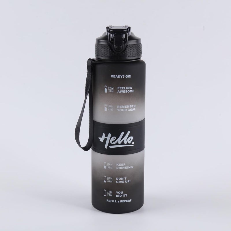 Sukee Motivational Water Bottle 1 litre Sipper Bottle For Adults With Time Measurement NonToxic Water bottle for officeWater bottle for gym Hello Black White - Image 1