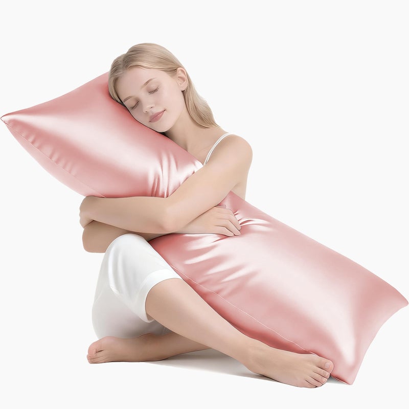 MR&HM Satin Body Pillow Cover, Soft and Breathable Body Pillow Case with Envelope Closure, Cooling and Silky Long Pillowcase for Hair and Skin,Grey (20x54, Blush) - Image 1