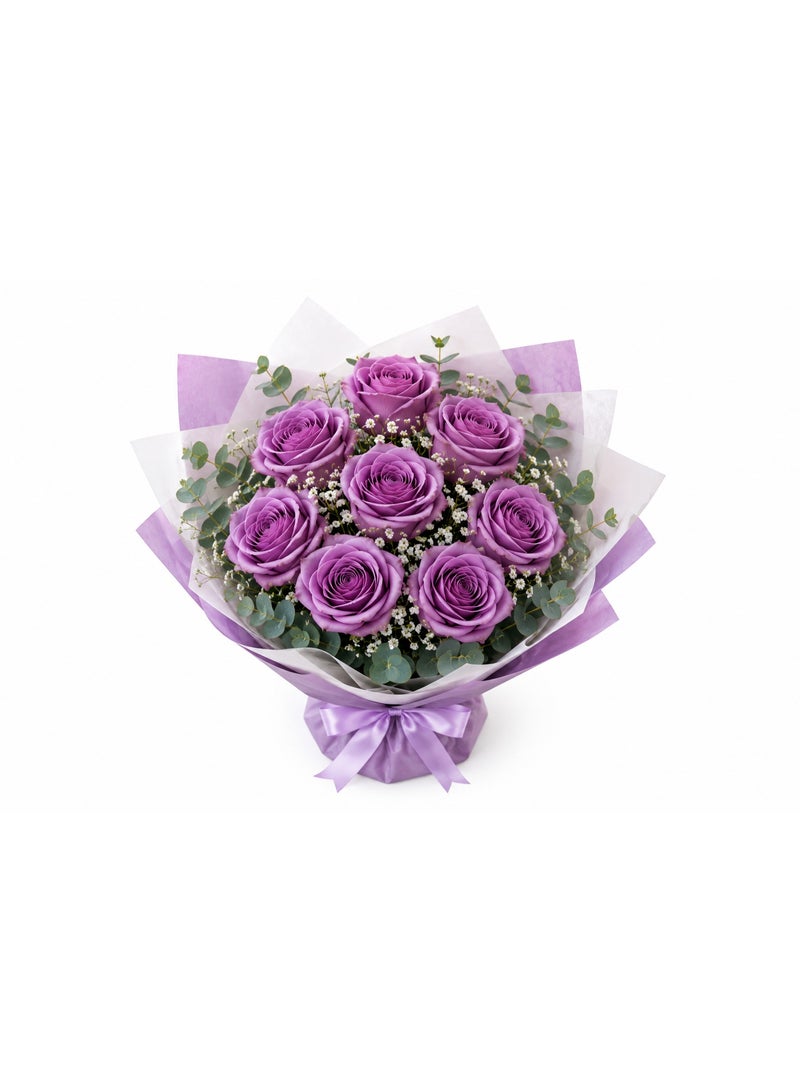 Elegant Fresh Flower Bouquet: 9 Purple Roses, Baby's Breath, Eucalyptus, Purple & White Wrapped