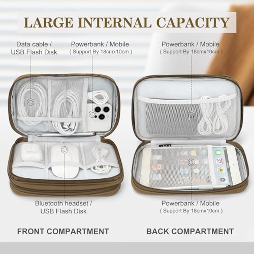 FYY Electronic Organizer, Large Travel Cable Organizer Bag Pouch Electronic Accessories Carry Case Portable Waterproof Double Layers All-in-One Storage Bag for Cable, Cord, Charger, Phone, Brown - Image 3
