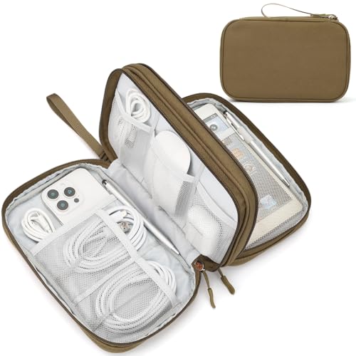 FYY Electronic Organizer, Large Travel Cable Organizer Bag Pouch Electronic Accessories Carry Case Portable Waterproof Double Layers All-in-One Storage Bag for Cable, Cord, Charger, Phone, Brown - Image 1