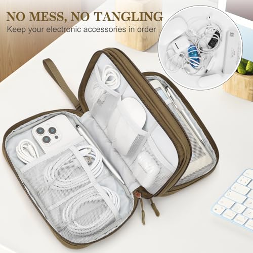 FYY Electronic Organizer, Large Travel Cable Organizer Bag Pouch Electronic Accessories Carry Case Portable Waterproof Double Layers All-in-One Storage Bag for Cable, Cord, Charger, Phone, Brown - Image 5