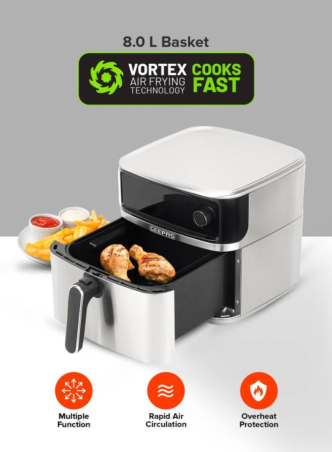 GEEPAS 8 L Stainless Steel Digital  Air Fryer 2000 W | Led Display Oil Free Cooking, 60 Min Timer, Temperature 70-200 Degree Celsius| 6 Preset Programs, Ideal for Fries, Steak, Chicken, Sausage, Bread, etc. | Dishwasher Safe | 2 Years Warranty 8 L 2000 W GAF37534T Silver - Image 2