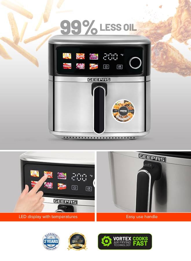 GEEPAS 8 L Stainless Steel Digital  Air Fryer 2000 W | Led Display Oil Free Cooking, 60 Min Timer, Temperature 70-200 Degree Celsius| 6 Preset Programs, Ideal for Fries, Steak, Chicken, Sausage, Bread, etc. | Dishwasher Safe | 2 Years Warranty 8 L 2000 W GAF37534T Silver - Image 4