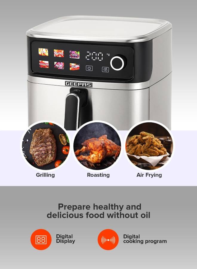 GEEPAS 8 L Stainless Steel Digital  Air Fryer 2000 W | Led Display Oil Free Cooking, 60 Min Timer, Temperature 70-200 Degree Celsius| 6 Preset Programs, Ideal for Fries, Steak, Chicken, Sausage, Bread, etc. | Dishwasher Safe | 2 Years Warranty 8 L 2000 W GAF37534T Silver - Image 3