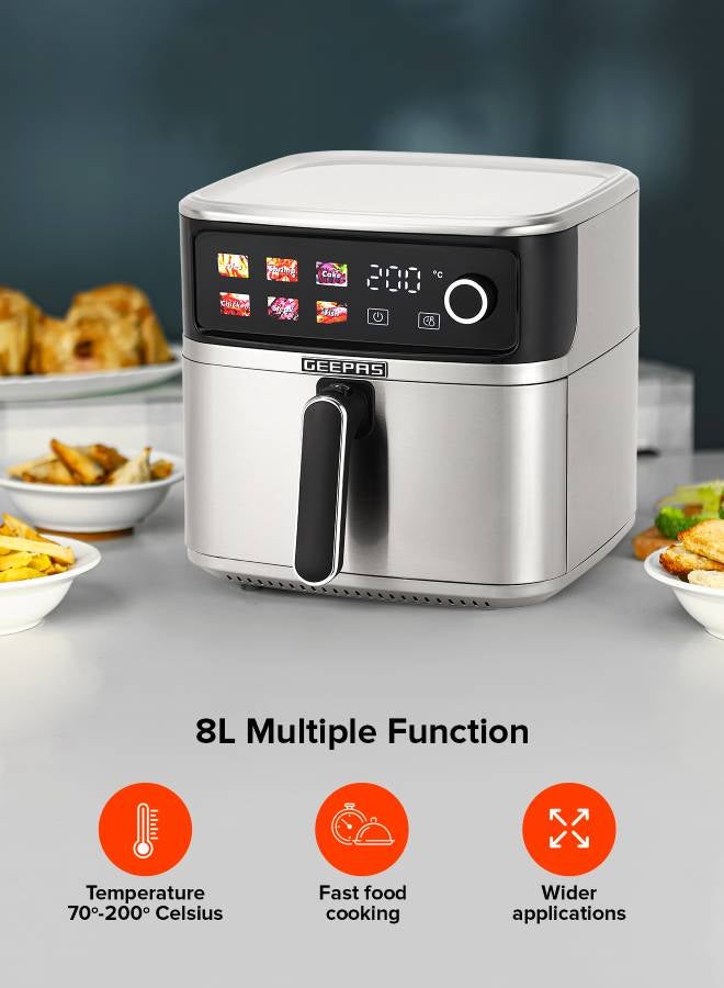 GEEPAS 8 L Stainless Steel Digital  Air Fryer 2000 W | Led Display Oil Free Cooking, 60 Min Timer, Temperature 70-200 Degree Celsius| 6 Preset Programs, Ideal for Fries, Steak, Chicken, Sausage, Bread, etc. | Dishwasher Safe | 2 Years Warranty 8 L 2000 W GAF37534T Silver - Image 5