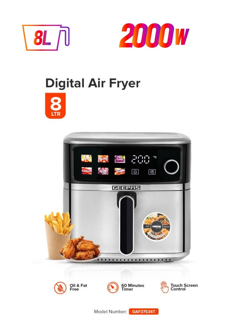 GEEPAS 8 L Stainless Steel Digital  Air Fryer 2000 W | Led Display Oil Free Cooking, 60 Min Timer, Temperature 70-200 Degree Celsius| 6 Preset Programs, Ideal for Fries, Steak, Chicken, Sausage, Bread, etc. | Dishwasher Safe | 2 Years Warranty 8 L 2000 W GAF37534T Silver - Image 1
