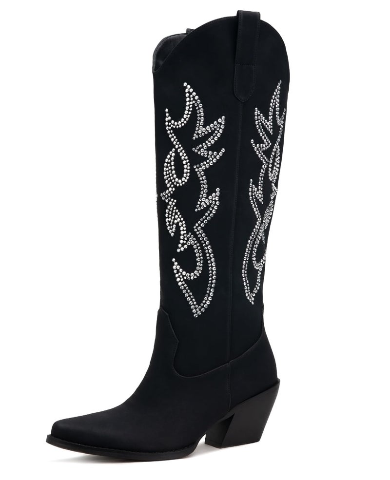 Pasuot Western Cowboy Boots for Women - Knee High Wide Calf Cowgirl Boots, Slip On Pointed Toe Chunky Heel Fashion Retro Classic Pull On Tall Boot for ladies Party concert Black & Rhinestone US 8 - Image 1