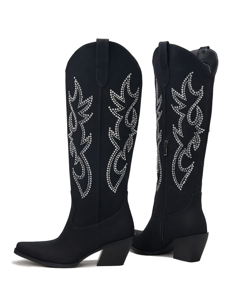 Pasuot Western Cowboy Boots for Women - Knee High Wide Calf Cowgirl Boots, Slip On Pointed Toe Chunky Heel Fashion Retro Classic Pull On Tall Boot for ladies Party concert Black & Rhinestone US 8 - Image 4