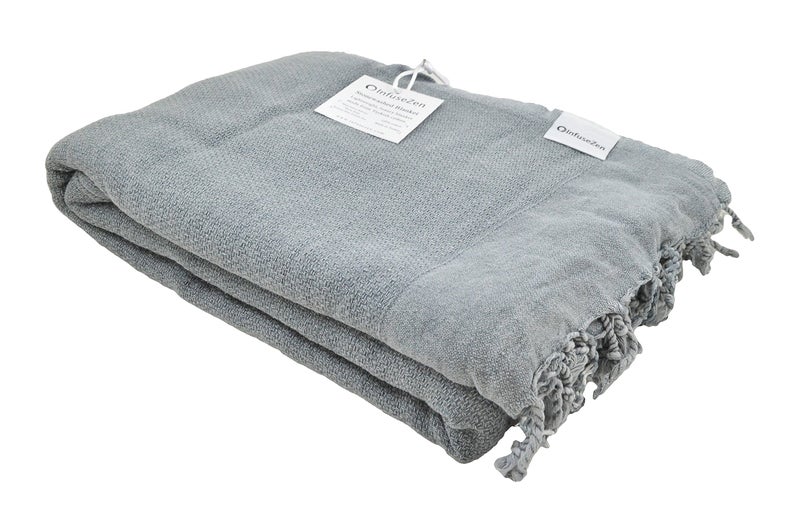 InfuseZen Stonewashed Turkish Throw Blanket  100 Organic Turkish Cotton  80 x 57  Soft Lightweight Cozy  for Love Seat Sofa Picnic Yoga  Sand Free Absorbent Beach Blanket  Denim