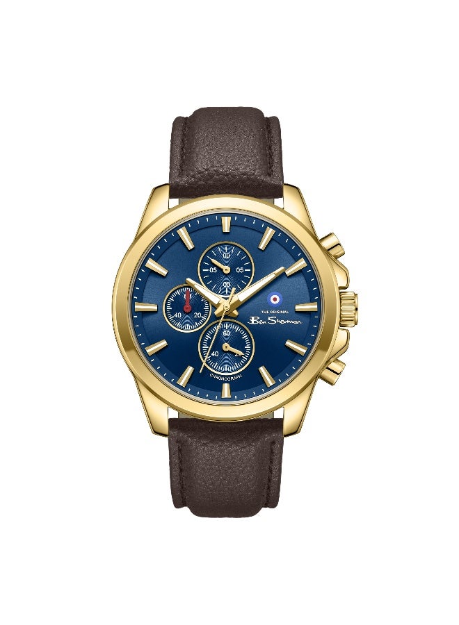 Ben Sherman Oxford Blue Dial Brown Genuine Leather Strap Chronograph Watch for Men, 44mm - Image 1