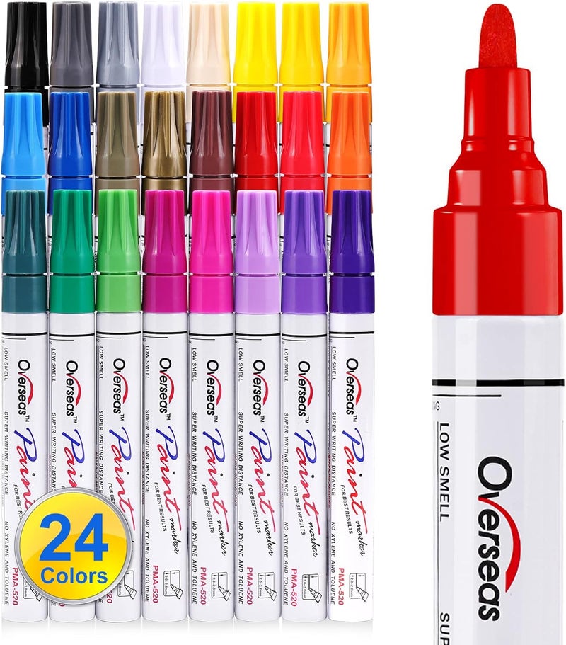 Overseas Paint Marker Pens - 24 Colors Permanent Oil Based Paint Markers, Medium Tip, Quick Dry and Waterproof Assorted Color Paint Pen for Metal, Wood, Plastic, Stone, Mugs, Canvas, Glass, Art Craft - Image 1