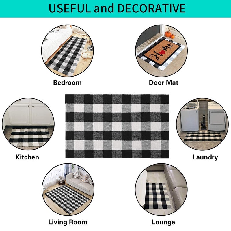 MUBIN Cotton Buffalo Plaid Rug 27.5 x 43 Inches Black and White Check Rugs Hand-Woven Indoor or Outdoor Rugs for Layered Door Mats Washable Carpet for Front Porch  Kitchen  Farmhouse  Entryway - Image 5