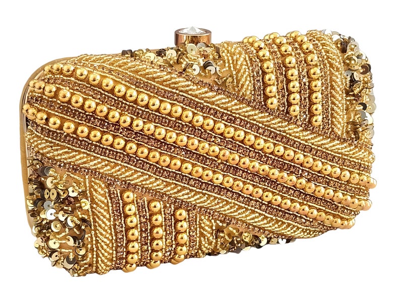 DUCHESS Golden Pearl Embellished Clutch for Women | Sequin & Beaded Party Purse | Elegant Wedding Handbag for Girls | Stylish Bridal Accessory | Designer Evening Bag for Festive Occasions - Image 1