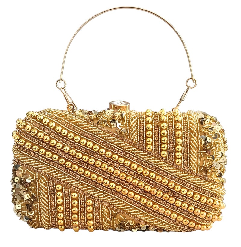 DUCHESS Golden Pearl Embellished Clutch for Women | Sequin & Beaded Party Purse | Elegant Wedding Handbag for Girls | Stylish Bridal Accessory | Designer Evening Bag for Festive Occasions - Image 4