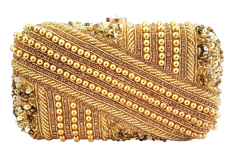 DUCHESS Golden Pearl Embellished Clutch for Women | Sequin & Beaded Party Purse | Elegant Wedding Handbag for Girls | Stylish Bridal Accessory | Designer Evening Bag for Festive Occasions - Image 2