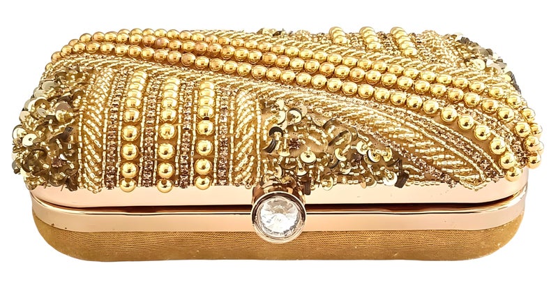 DUCHESS Golden Pearl Embellished Clutch for Women | Sequin & Beaded Party Purse | Elegant Wedding Handbag for Girls | Stylish Bridal Accessory | Designer Evening Bag for Festive Occasions - Image 5