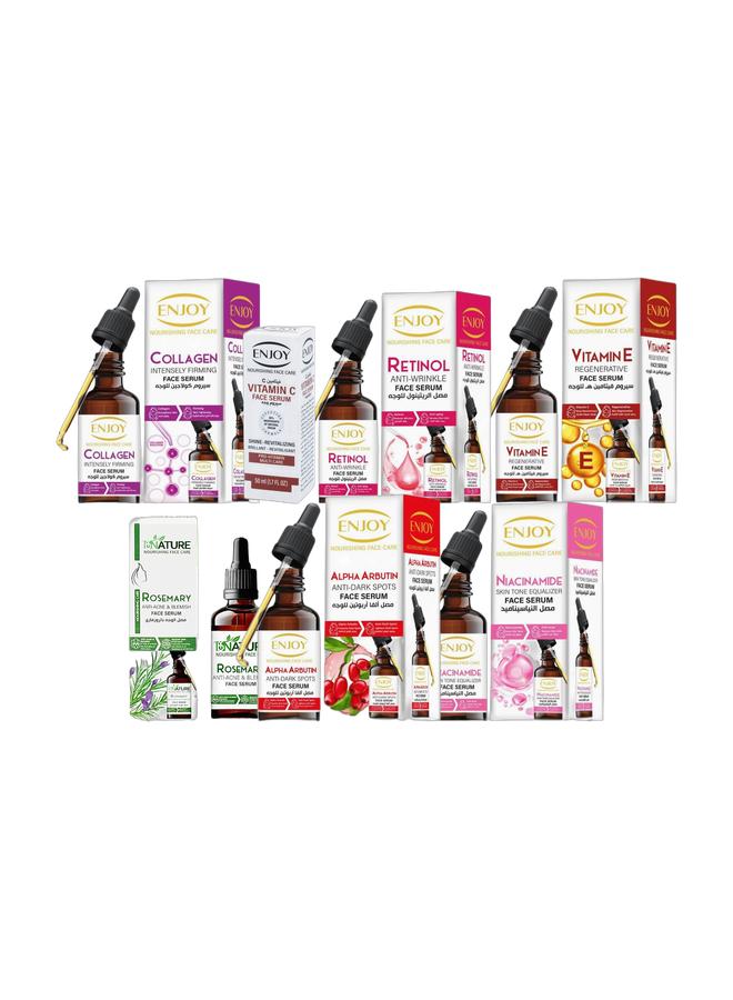 إنجوي باندل سيرومات الوجه 7 قطع 50 مل لكل سيروم – Enjoy + ByNature: Vitamin C، Niacinamide، Retinol، Collagen، Alpha Arbutin، Vitamin E، Rosemary – تفتيح وتوحيد لون، شد وترطيب، مكافحة الحبوب والتجاعيد - Image 1