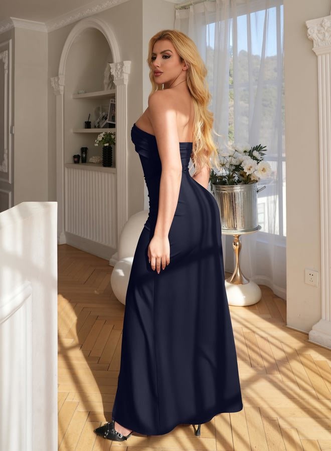 YMDUCH Women's Elegant Strapless Bodycon Ruched Ruffle High Split Long Formal Evening Dress, Navy, M - Image 2
