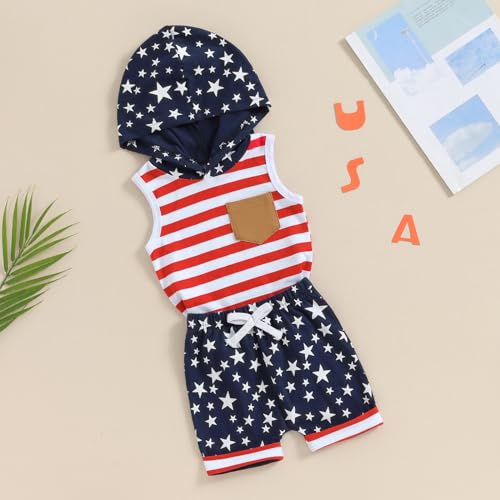 BemeyourBBs Baby Boy 4th of July Outfit American Flag Hooded Tank Top and Shorts Fourth of July Toddler Boy Summer Clothes American Flag red 23T - Image 3