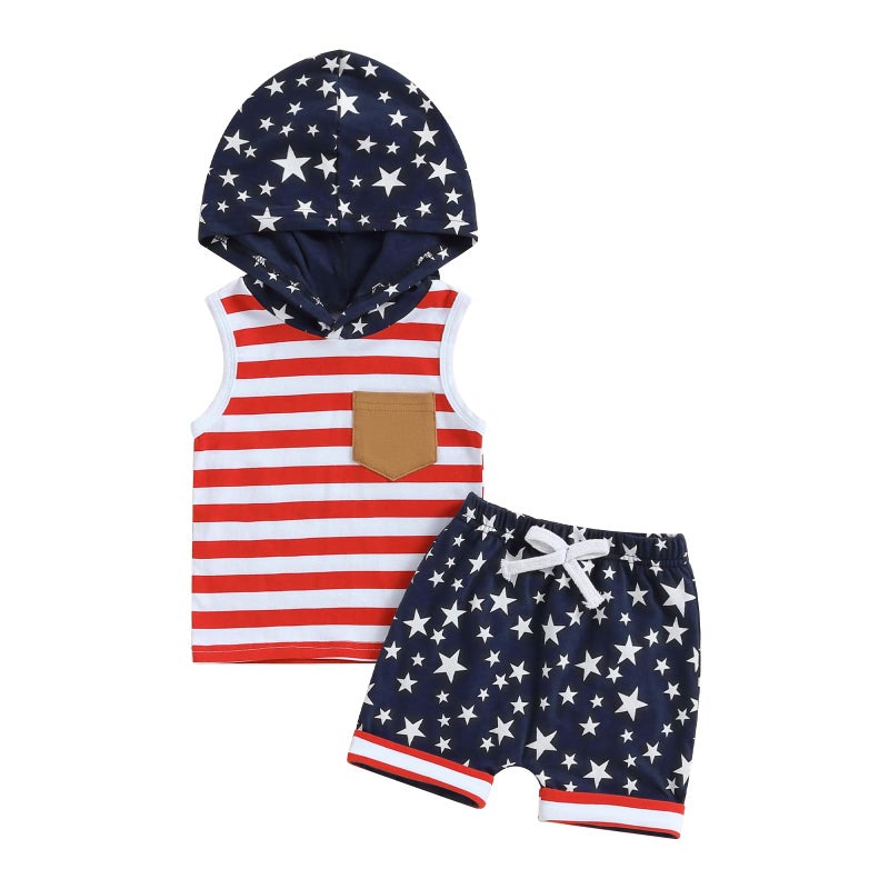 BemeyourBBs Baby Boy 4th of July Outfit American Flag Hooded Tank Top and Shorts Fourth of July Toddler Boy Summer Clothes American Flag red 23T - Image 2