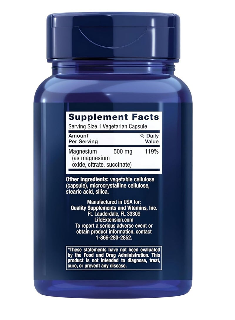 لايف إكستنشن كبسولات مغنيسيوم 500 مجم مع سيترات أكسيد المغنيسيوم والسكسينات تدعم صحة القلب والعظام وتساعد على التمثيل الغذائي، خالية من الغلوتين وغير معدلة وراثيًا، 100 كبسولة نباتية - Image 3