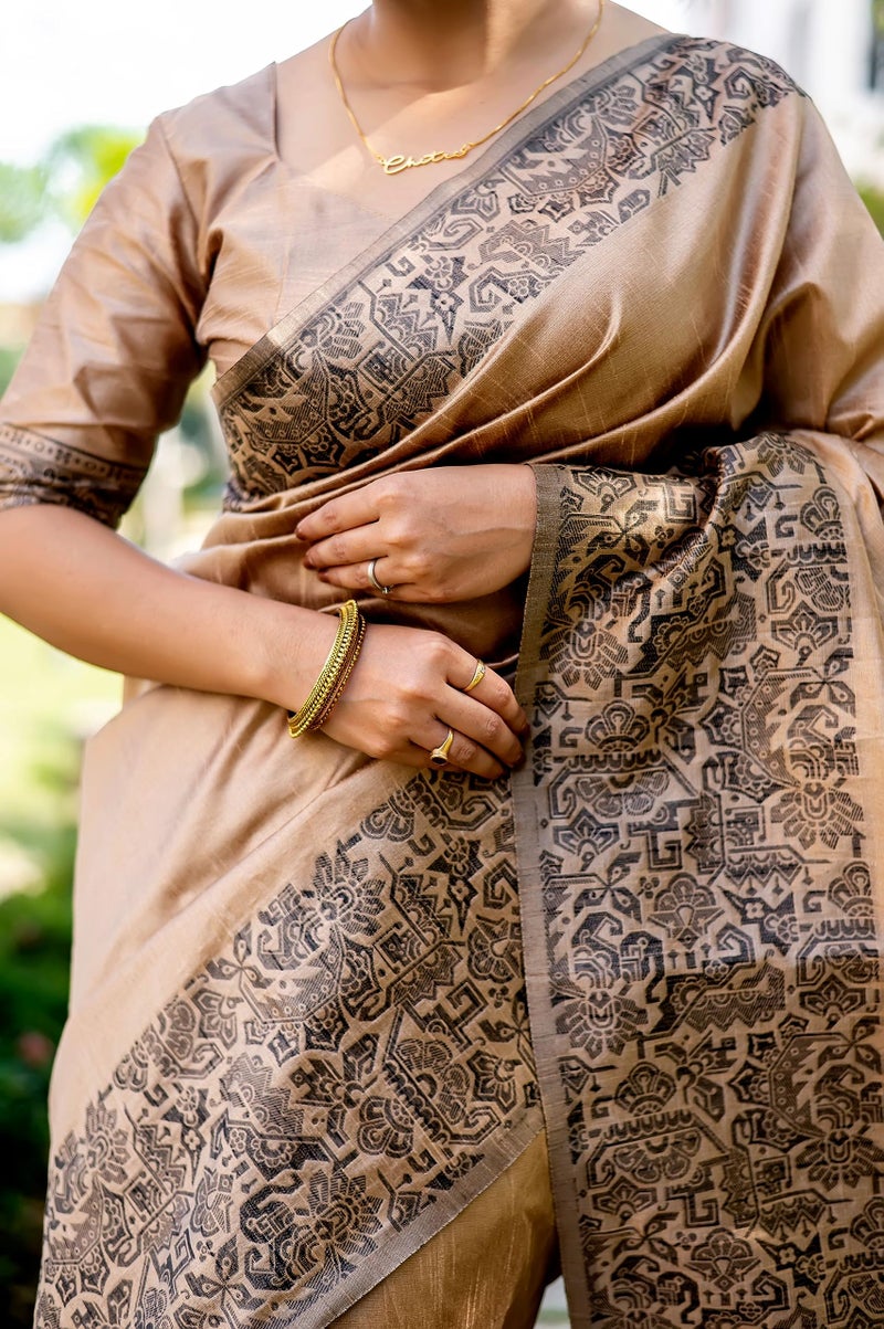 NK Textiles Women's Plain/Solid With Kalamkari Woven Border Raw Silk Saree With Tassels (13 Colors), Chikoo - Image 2