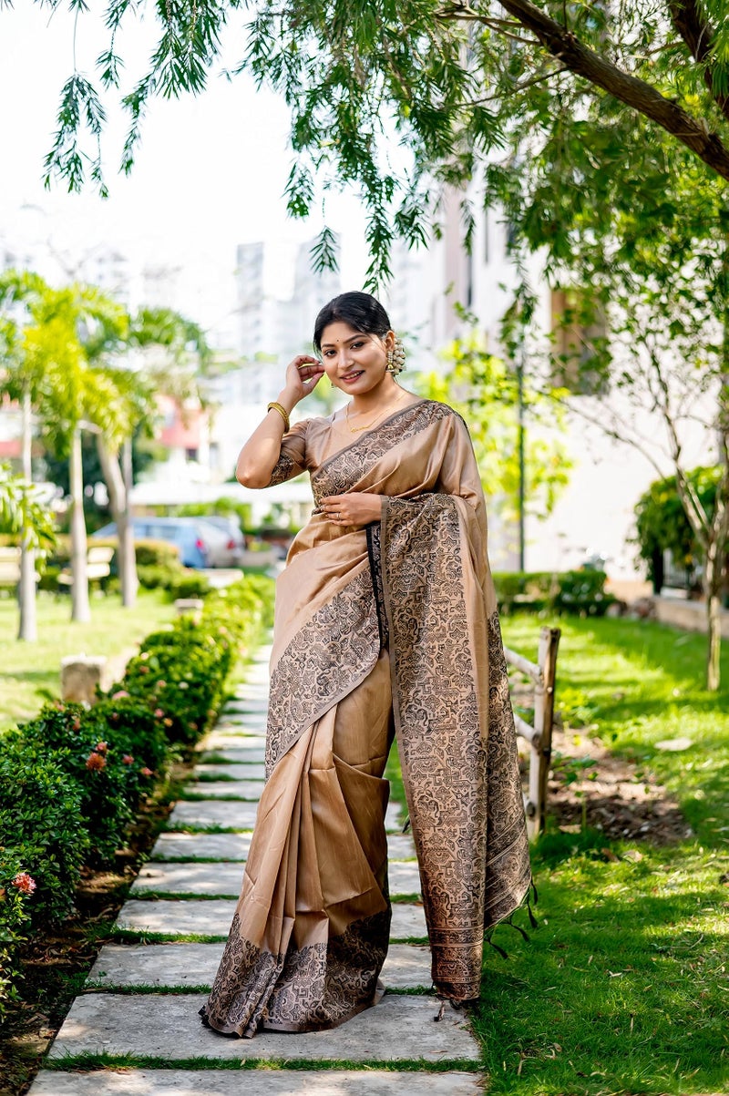 NK Textiles Women's Plain/Solid With Kalamkari Woven Border Raw Silk Saree With Tassels (13 Colors), Chikoo - Image 3