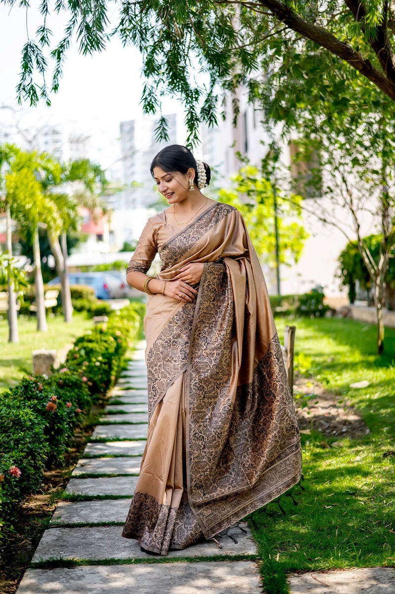 NK Textiles Women's Plain/Solid With Kalamkari Woven Border Raw Silk Saree With Tassels (13 Colors), Chikoo - Image 4