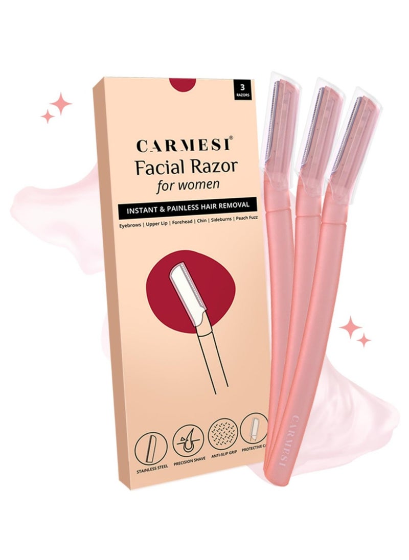 CARMESI Carmesi Reusable Face Razor For Women Facial Hair Dermaplaning Tool - 3 Razors Instant & Painless Hair Removal For Eyebrows, Upper Lip, Forehead, Peach Fuzz  - Image 1
