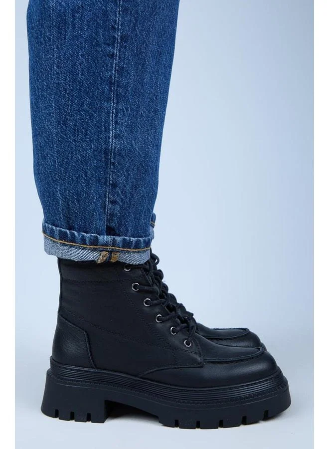 Ayra Women's Genuine Leather Lace-up Black Boot with Pointed Toe.