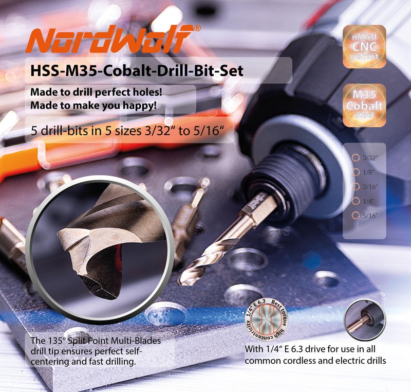 NordWolf 5-Piece M35 Cobalt Stubby Drill Bit Set for Stainless Steel & Hard Metals, with 1/4" Hex Shank for Quick Chucks & Impact Drivers, SAE Sizes 3/32"-1/8"-3/16"-1/4"-5/16" in Storage Case - Image 2