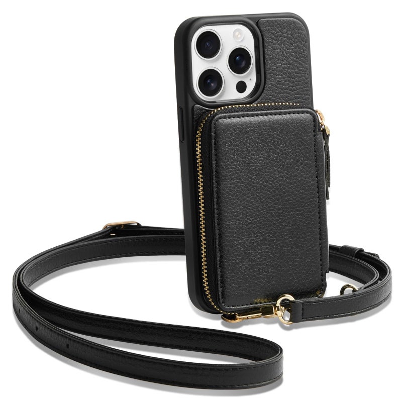 ZVE for iPhone 15 Pro Max Wallet Case Crossbody Card Holder Phone Purse for Women RFID Blocking Zipper Leather Cover with Wrist Strap for iPhone 15 Pro Max 67 inch Black - Image 2