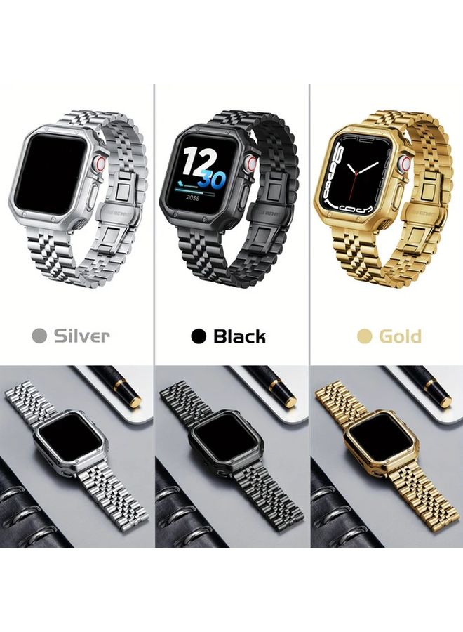 Black Stainless Steel Watch Band with TPU Case 38 40 41MM Durable Interlocking Link Design - Image 5