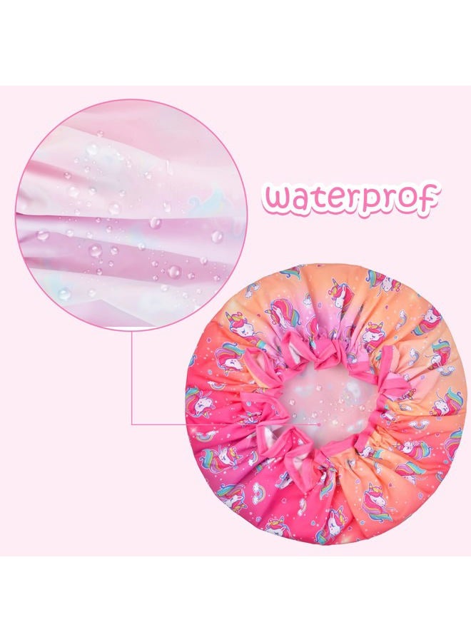 OlyPegic Shower Cap for Kids, 3 Pcs Kids Shower Caps for Girls, Cute Rainbow Hair Cap Wide Elastic Band, Plastic Reusable Waterproof Toddler Shower Cap, Large Bath Cap for Kids Girls Women (Unicorn) - Image 4