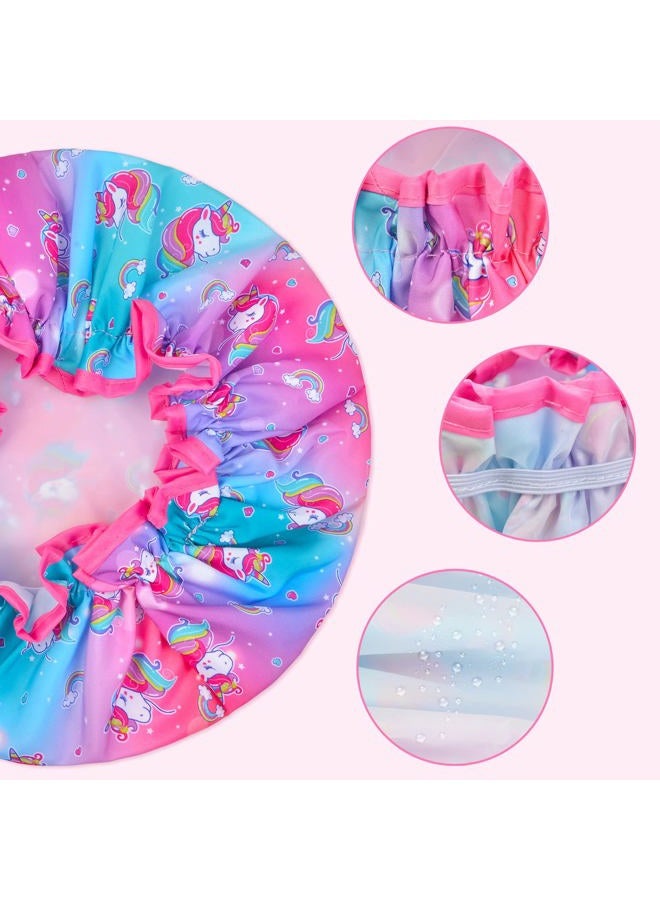 OlyPegic Shower Cap for Kids, 3 Pcs Kids Shower Caps for Girls, Cute Rainbow Hair Cap Wide Elastic Band, Plastic Reusable Waterproof Toddler Shower Cap, Large Bath Cap for Kids Girls Women (Unicorn) - Image 2