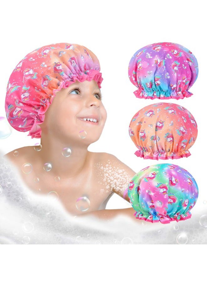 OlyPegic Shower Cap for Kids, 3 Pcs Kids Shower Caps for Girls, Cute Rainbow Hair Cap Wide Elastic Band, Plastic Reusable Waterproof Toddler Shower Cap, Large Bath Cap for Kids Girls Women (Unicorn) - Image 1