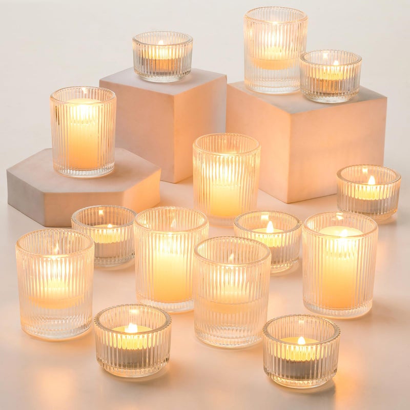 Hewory Glass Tealight Candle Holder 24 Pcs Tea Lights Candle Holder Clear Votive Candle Holders for Table Centerpiece Tea Light Holders Glass Candle Holder for Wedding Party Living Room Home Decor