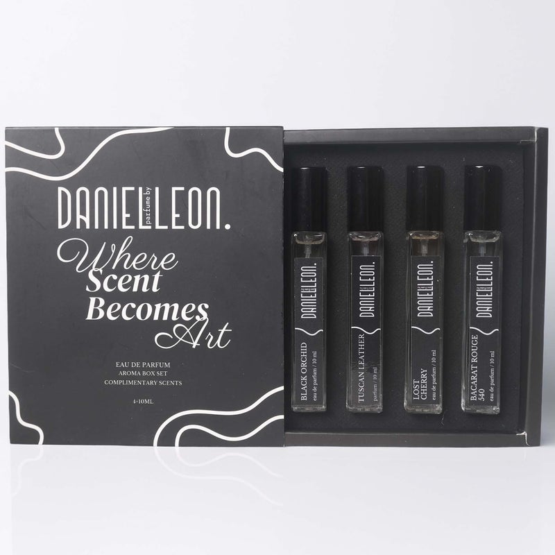 Daniel Leon Unisex Perfume Package Set | 4×10ml Inspired Fragrance Testers | Baccarat Rouge 540, Lost Cherry, Black Orchid & Tuscan Leather | Long-Lasting