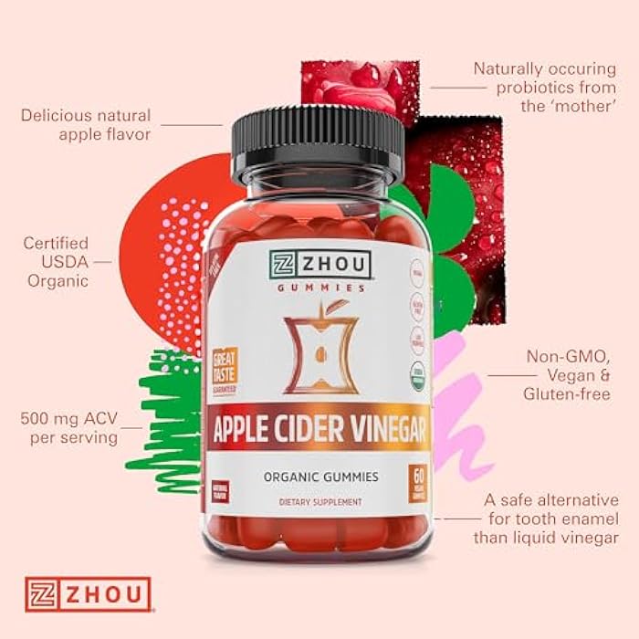 Zhou Apple Cider Vinegar Gummies - ACV Gummies for Women and Men with Elderberry, Delicious Taste with Raw Cane Sugar, USDA Organic - 60 Vegan Gummies - Image 5