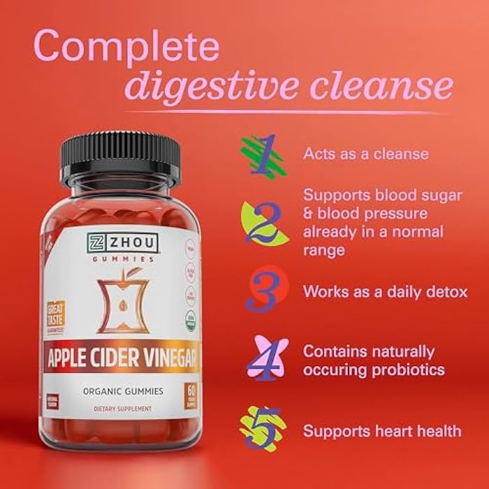 Zhou Apple Cider Vinegar Gummies - ACV Gummies for Women and Men with Elderberry, Delicious Taste with Raw Cane Sugar, USDA Organic - 60 Vegan Gummies - Image 4