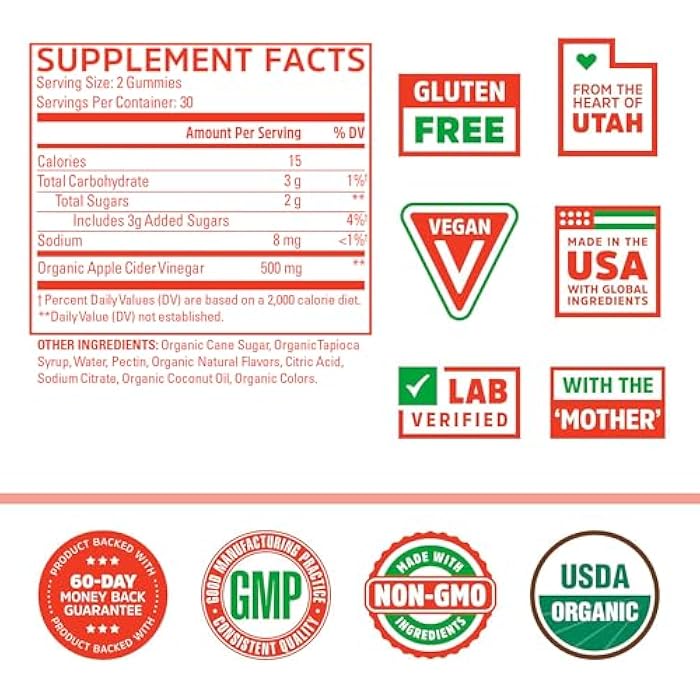 Zhou Apple Cider Vinegar Gummies - ACV Gummies for Women and Men with Elderberry, Delicious Taste with Raw Cane Sugar, USDA Organic - 60 Vegan Gummies - Image 2